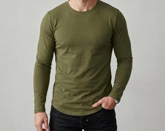 Men's Cotton Crew Neck Long Sleeve Shirt, Minimalist Everyday Top