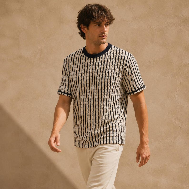 May include: A short-sleeved, striped t-shirt in cream and black. The shirt has a crew neck and the edges of the sleeves are trimmed with a navy blue stripe. The model is wearing cream-colored pants.