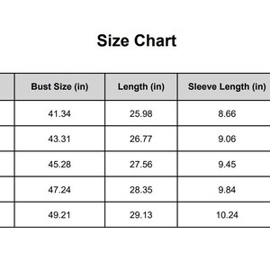 May include: A size chart with measurements in inches for bust, length, sleeve length, and shoulder width. Sizes range from M to XXXL, with corresponding US sizes and measurements.