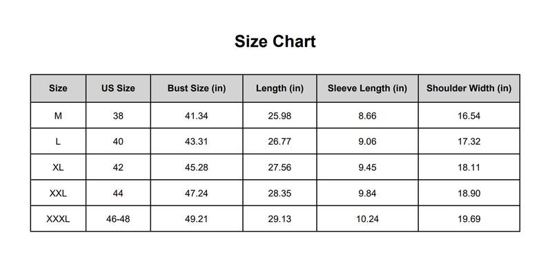 May include: A size chart with measurements in inches for bust, length, sleeve length, and shoulder width. Sizes range from M to XXXL, with corresponding US sizes and measurements.