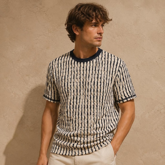 Men's Textured Striped Knit T-Shirt, Short Sleeve Crewneck Summer Top