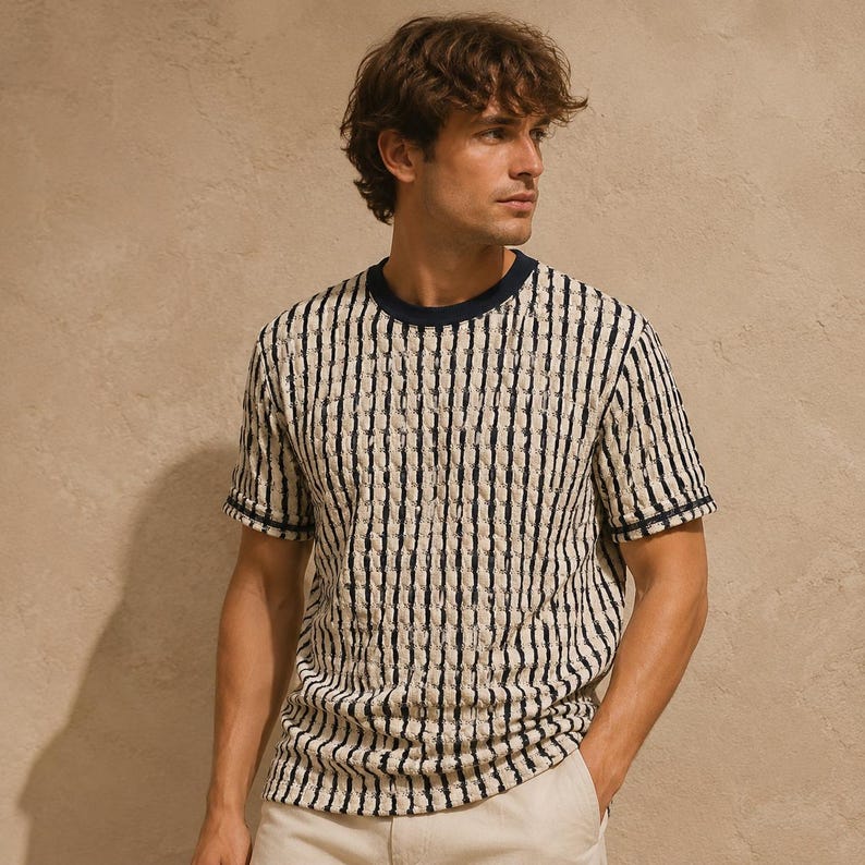 May include: A short-sleeved, textured t-shirt with vertical stripes in cream and navy blue. The shirt has a crew neck and sleeve trim in navy blue. The model is wearing the shirt with light-colored pants.