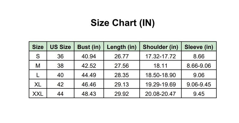 Puede incluir: Una tabla de tallas con medidas en pulgadas. La tabla incluye las tallas S, M, L, XL y XXL, con las tallas estadounidenses correspondientes, medidas de busto, largo, hombro y manga.