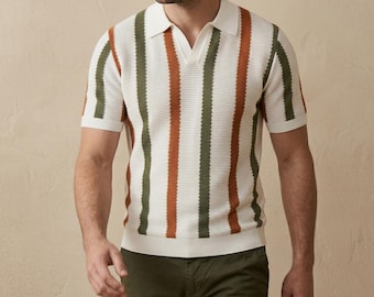 Men's Striped Knit Shirt, Retro Vertical Stripe, Summer Resort Wear