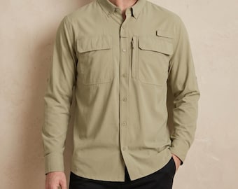 Chemise tactique à manches longues en polyester respirant pour hommes, utilitaire d'extérieur boutonnée
