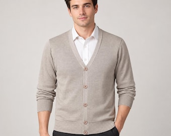 Men's V-Neck Button Cardigan, Textured Knit Layering Top, Ribbed Trim Sweater