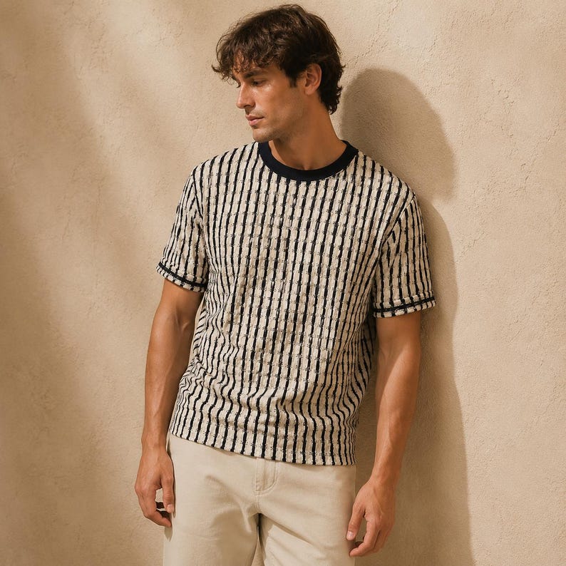 May include: A short-sleeved, striped t-shirt with a crew neck. The shirt features vertical black stripes against a cream-colored background. The neckline and sleeve cuffs are trimmed with a dark navy blue. The person is wearing beige pants.