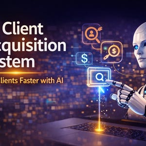 May include: An image promoting an AI Client Acquisition System. A futuristic robot with blue eyes points to a glowing screen. The text reads "AI Client Acquisition System" and "Find Clients Faster with AI."