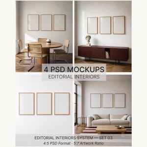 Könnte beinhalten: Ein Set aus vier digitalen PSD-Mockups mit Innenraumszenen und leeren vertikalen Rahmen an den Wänden. Die Bilder zeigen verschiedene Raumgestaltungen, darunter einen Essbereich, ein Sideboard und ein Wohnzimmer mit Sofa.