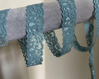 1"Dusty Slate Blue Stretch Lace Trim, Vintage Sage Blue Soft Scalloped Lingerie Lace for Headbands, Doll Clothes, Sewing
