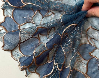 7.65" Peacock Blue Gold Lace Trim Wide Embroidered Floral Swiss Dot Mesh Single Scalloped Edge Lace for Lingerie Garment Sewing Crafts