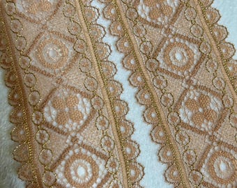 2.5" Champagne Gold Lace Trim, Metallic Gold Thread Embroidered Ribbon, Vintage Geometric Scalloped Lace for Lolita Dress, Crafts