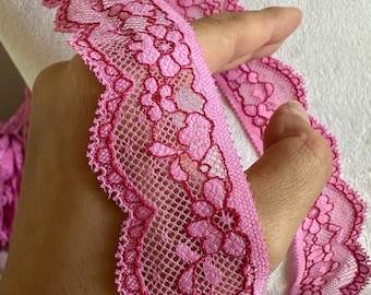 1.25" Pink Stretch Lace Trim Insertion Beading Floral Ribbon Elastic Lace Fuchsia Outline for Lingerie Underwear Garment Sewing by the Yard