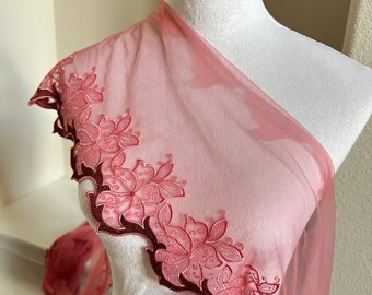 7.5" Dusty Rose Pink Embroidered Mesh Trim, Vintage Bronze Brown Scalloped Floral Lace, 3.5 Inch Heavy Embroidery Border for Lolita Crafts
