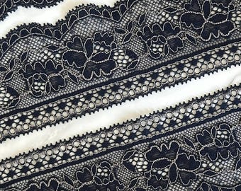 2.5" Navy Blue Stretch Lace Trim Insertion Beading Floral Ribbon Elastic Lace Silver Outline for craft and Sewing by the Yard