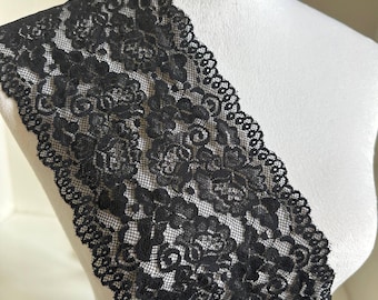 6 Inches Wide Black Elastic Lace Ribbon, Soft Floral Stretch Lace Trim for Lingerie Sewing, Costume Paneling, Bows, Crafts by the Yard