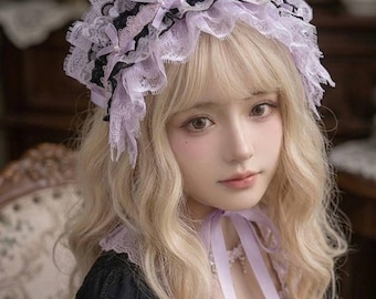 Handmade Lolita Headband, Heavy Craft Ruffle Lace KC Hair Accessory, Sweet Pink Lavender and Gothic Black Lace Headdress with Bows