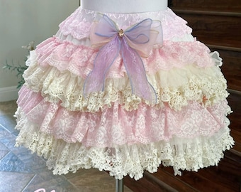 Not for Sale Gallery Display NFS  Handmade Sweet Lolita Tiered Lace Skirt -  Pastel Pink and Cream Frilly Petticoat Skirt
