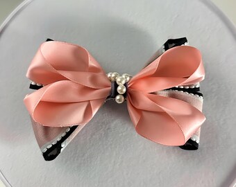 Hand-Tied Pink Silk Satin Bow Barrette, Pearl Embellished French Hair Accessory