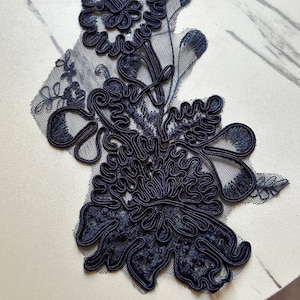 Midnight Navy Corded Floral Lace Applique Motif, 3D Heavy Embroidered Mesh Patch for Bridal Gown Dress Sewing, 12"