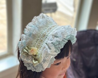 CHRISOM Handmade Sweet Lolita White Lace Bonnet Headdress - Handmade by My Daughter with Pearls & Sage Ribbon, Special Gift