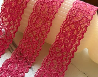 1" Hot Pink Stretch Lace Trim Fuchsia Floral Elastic Galloon Scalloped Edge Ribbon for Lingerie Underwear Doll Clothing Sewing Crafts