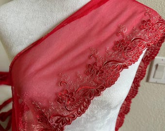 6 Inch Wide Red Soft Mesh Embroidered Trim, Gold Metallic Thread Floral Lace,3" Heavy Embroidery Border for Lolita Dress, Crafts