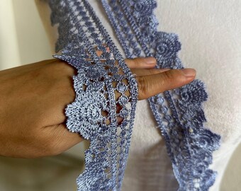 2 Inch Dusty Blue Guipure Lace Trim, Water Soluble Floral Venetian Lace Ribbon, Heavy Embroidered Flower Fringe for Lolita Dress, Crafts