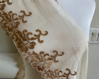 Glitter Gold Soft Mesh Embroidered Trim, Heavy Scalloped Floral Lace Fabric, 4 Inch Embroidery Border for Lolita Dress Ruffle, By The Yard