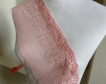 5 Inch Baby Pink Soft Mesh Embroidered Trim, Scalloped Floral Lace, 3.5 Inch Heavy Embroidery Border for Lolita Dress, Crafts