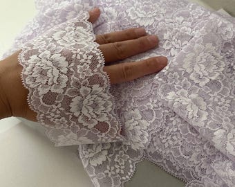 3.5 Inch Lavender Purple Lace Trim by the Yard, Soft Floral Elastic Ribbon with Scalloped Edges, Pale Lilac Trim Garment Sewing