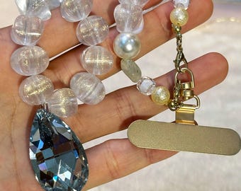 K9 Crystal Phone Charm - Chunky Clear Glitter Beaded Phone Strap Wristlet, Coquette Aesthetic Waterdrop Gem Phone Chain Accessory