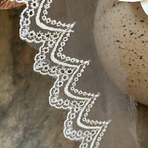 May include: A strip of sheer, translucent fabric featuring a white embroidered zigzag edge. The embroidery consists of a delicate, repeating floral or star-like pattern that follows the sharp, angular points of the scalloped trim design.