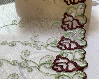6.5" Pink Gradient Lace Trim Wide Embroidered Soft Tulle Mesh Two Tone Scalloped Edge Green Floral Ribbon for Lingerie Garment Sewing