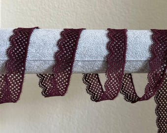 1 Inch Burgundy Stretch Lace Trim, Wine Red Elastic Netting Ribbon, Single Scalloped Lingerie Lace for Headbands, Gothic Doll Clothes