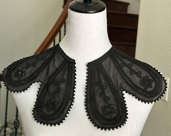 Black Organza Embroidered Lace Collar Detachable Peter Pan Neckline Applique Statement Bodice Motif for Gowns Blouses Crafts, 6"