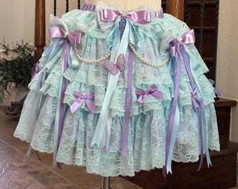 Not for Sale Gallery Display NFS  Handmade Lolita Skirt, Tiered Lace Ruffle Mini Skirt with Butterfly & Pearls, Sweet Lolita Fashion