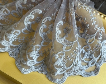 12" Dusty Purple Embroidered Tulle Lace Trim by the Yard, Wide Scalloped Floral Lace for Wedding Gown, Bridal Veil, Victorian Dress Hem