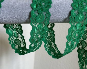1 "Kelly Green Stretch Lace Trim, Emerald Elastic Floral Ribbon, Soft Scalloped Lingerie Lace for Headbands, Garment Trim, Sewing Supplies