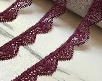 10 yardas de encaje elástico geométrico color burdeos apagado, cinta estrecha festoneada simple para costura de lencería y ropa interior, 0.5"