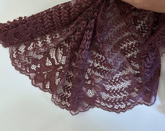 8.5" Cocoa Rose Stretch Lace Trim Wide Dusty Mauve Floral Elastic Galloon Scalloped Edge Lace for Lingerie Underwear Garment Sewing