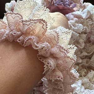 Hand Gathered Double Layer Pleated Ruffle Lace Trim by the Yard, Dusty Rose Cream French Chantilly Lace Trim for Lingerie Bridal, 1.3"