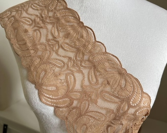 5.5 Inches Wide Champagne Gold Stretch Lace Trim, Soft Elastic Floral Lace Ribbon for Lingerie Making, Gown Hem, Crafts by the Yard