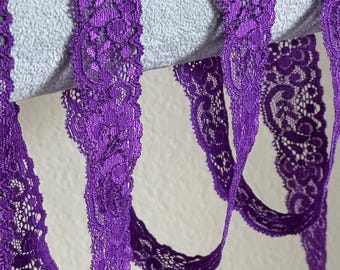 1.5" Purple Stretch Lace Trim, Elastic Floral Lace Ribbon, Soft Lingerie Lace for Sewing, Garters, DIY Headbands, Crafts by the Yard