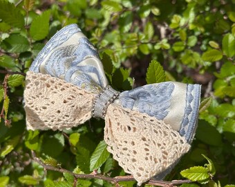 Handmade Sky Blue Brocade Lace Hair Bow with Crystal Buckle – Elegant Vintage Accessory