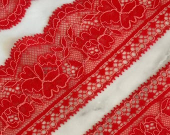 2.4" Watermelon Red Stretch Lace Trim  Insertion Beading Floral Ribbon Elastic Lace for Lingerie Underwear Garment Sewing by the Yard
