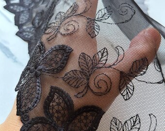 9.25" Black Butterfly Lace Trim Wide Embroidered Soft Tulle Mesh Single Scalloped Edge Gothic Floral Ribbon for Lingerie Garment Sewing