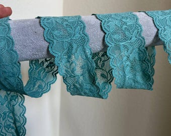 1.5 Inch Teal Green Stretch Lace Trim, Dusty Aqua Elastic Floral Ribbon, Soft Scalloped Lingerie Lace for Headbands, Garment Trim