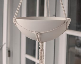 Large Hanging Bowl Planter, White Macrame Planter, Hanging Ceramic Planter, Macrame Planter