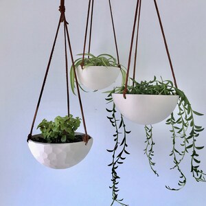 Small Hanging Planter, White Ceramic Hanging Planter, Small Hanging Planter, Geo Carved or Smooth Texture image 2